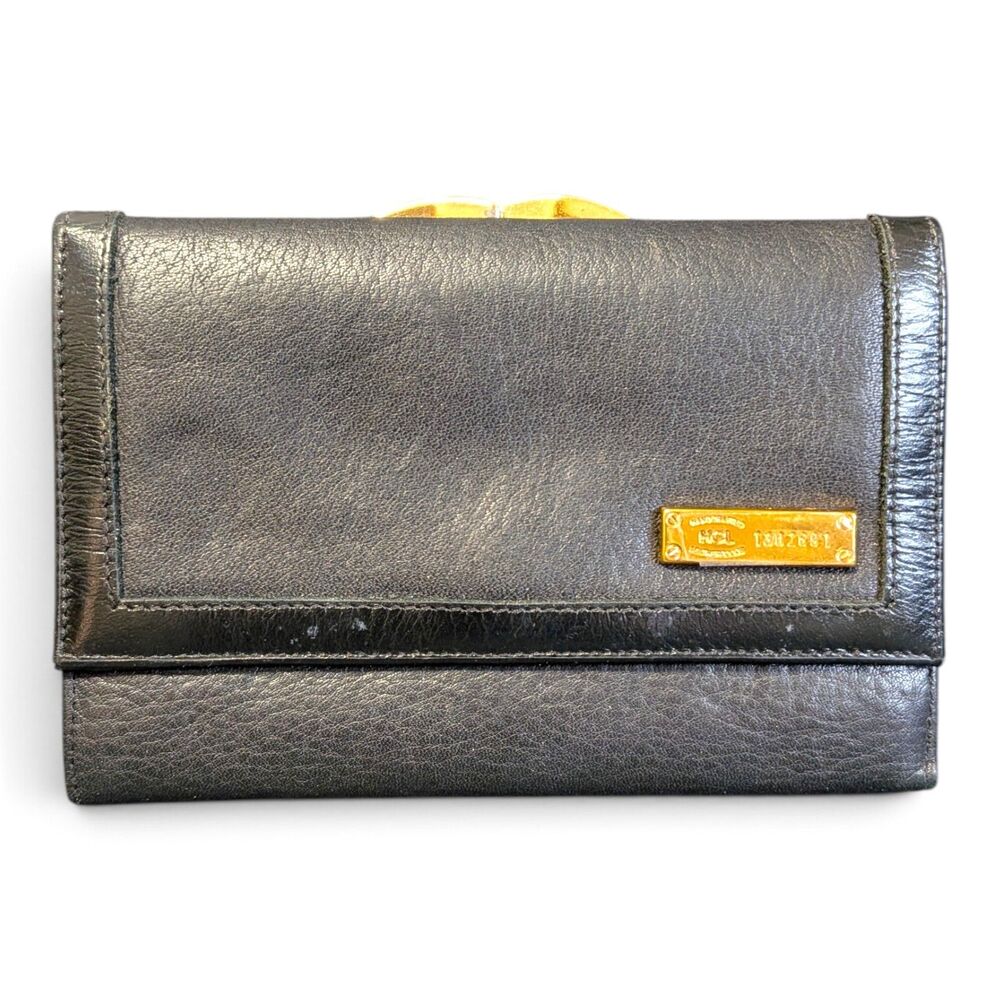 HCL Black Leather Kisslock Coin Pocket Credit Card Trifold Wallet - Vintage